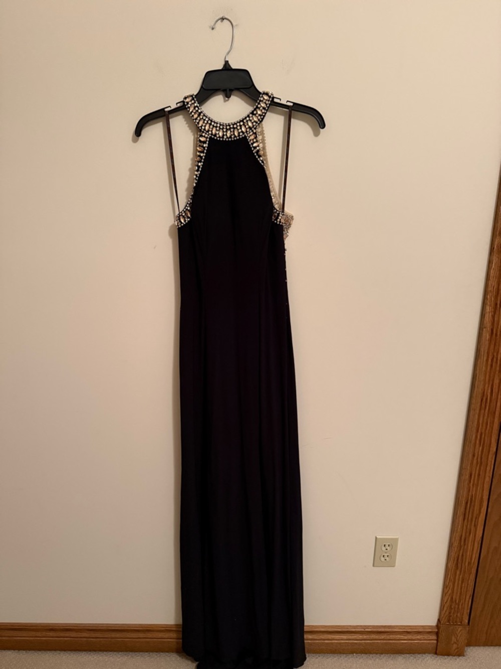 Camille La Vie Black Jeweled Halter Prom Gown